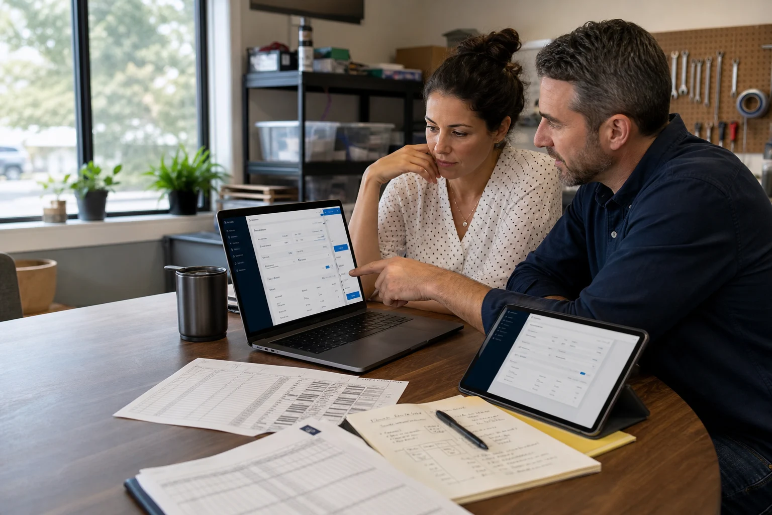 A local business owner and technology consultant testing a custom application prototype beside paper forms and spreadsheets