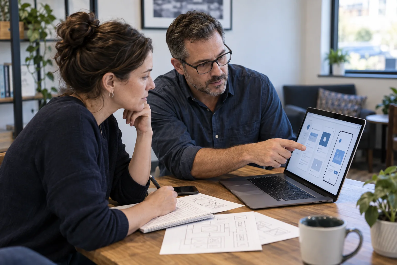 A small-business owner and an experienced technology consultant reviewing a custom application prototype together