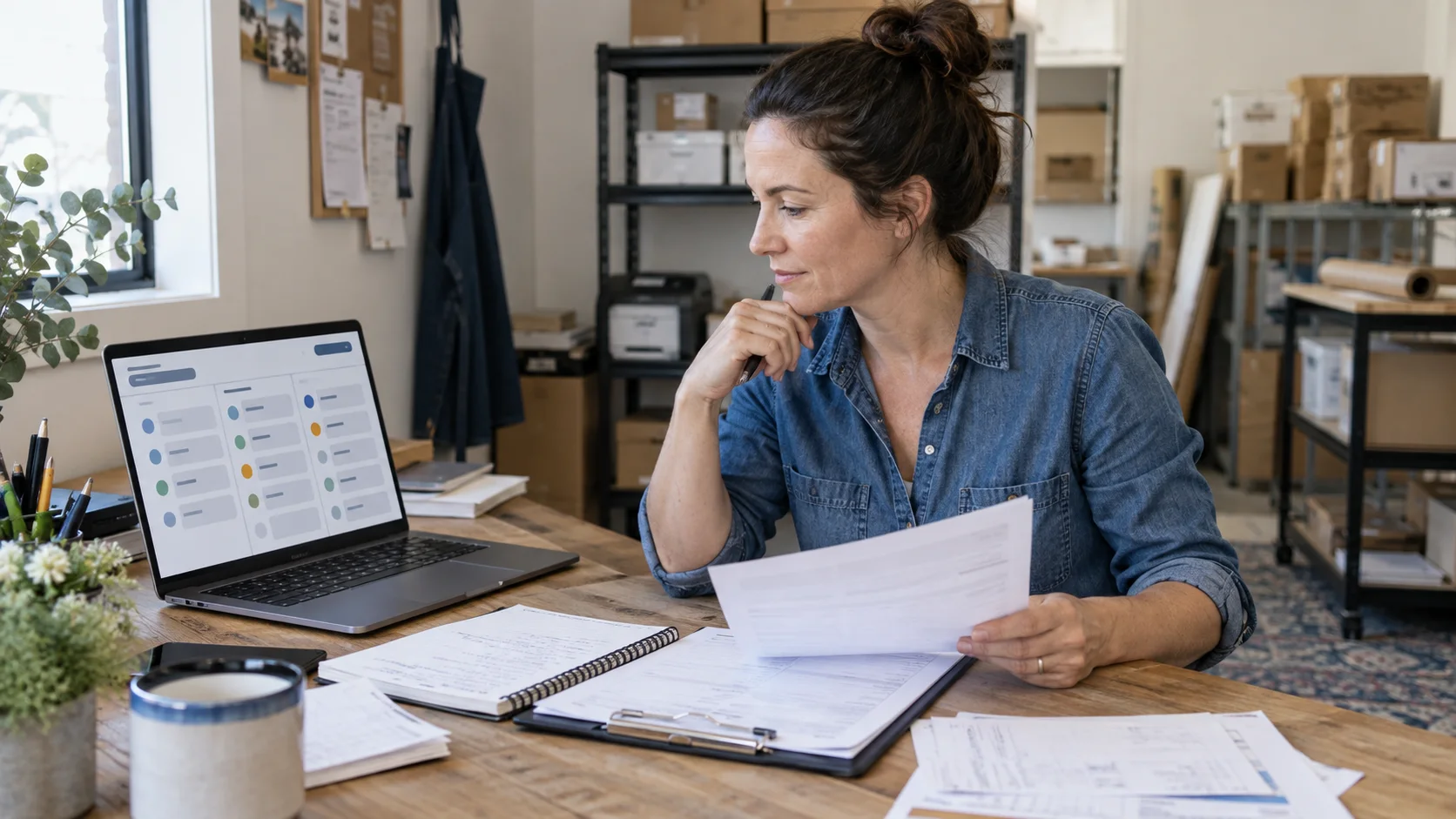 A small-business owner reviewing an operations dashboard beside the paper forms being replaced by a digital workflow
