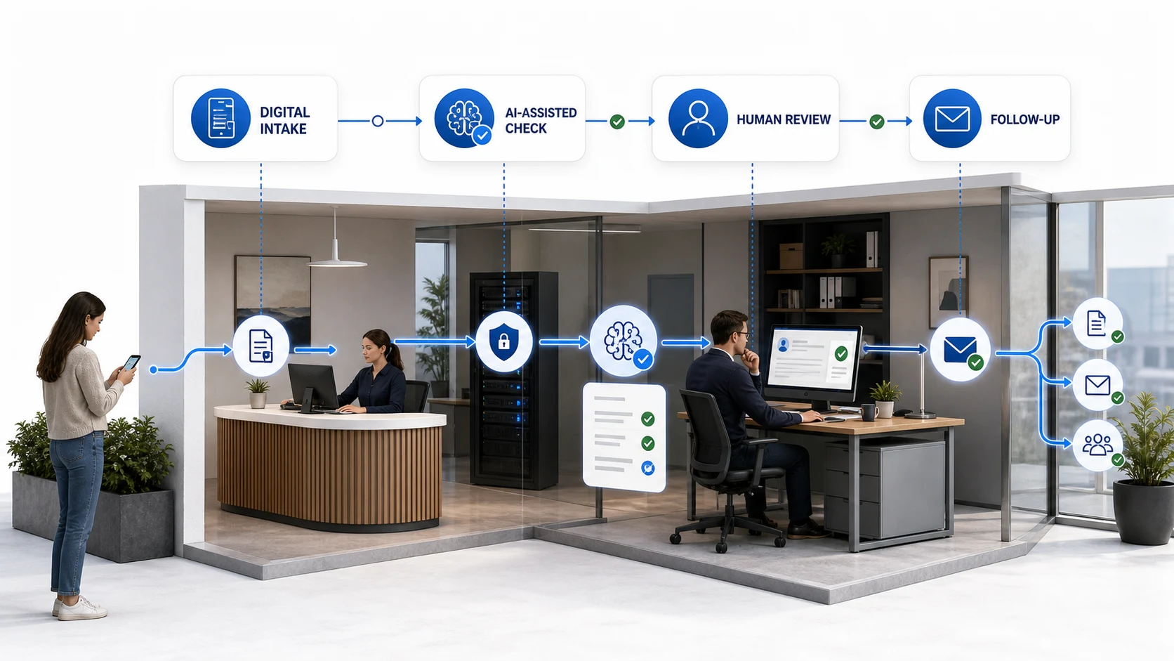AI-assisted business workflow showing digital intake, automated information checks, human review, and coordinated follow-up