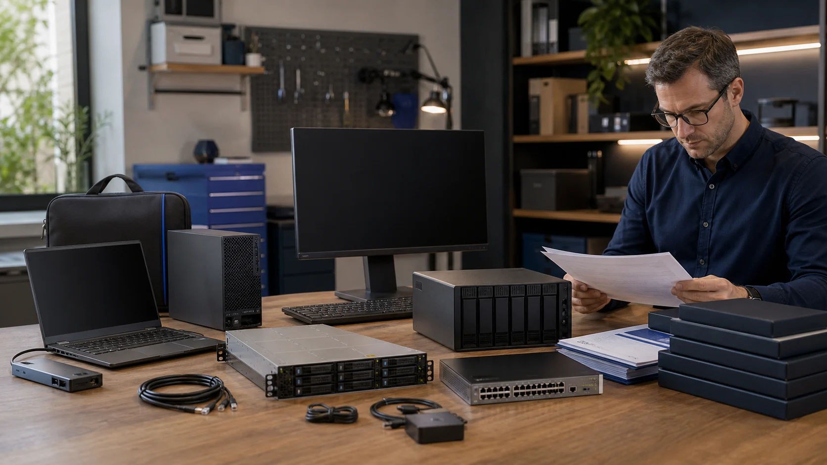 A technology consultant reviewing business laptops, server and storage equipment, a managed switch, and deployment documentation