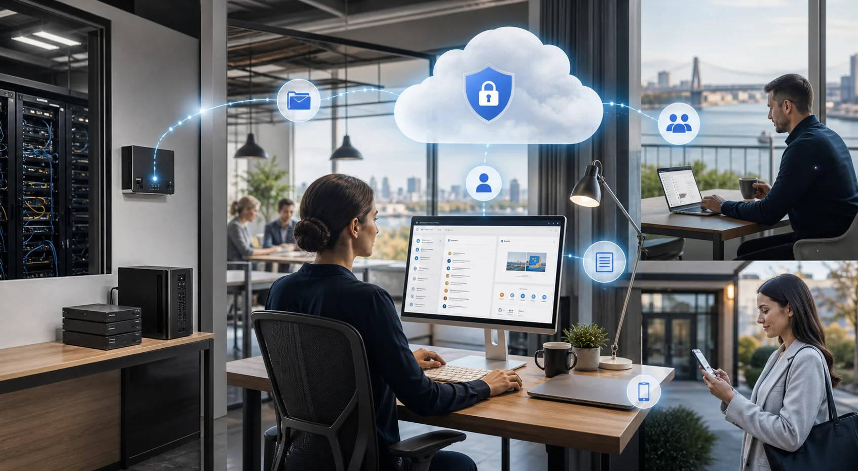 A small business using secure cloud services from an office workstation, remote laptop, and mobile device alongside its existing local systems