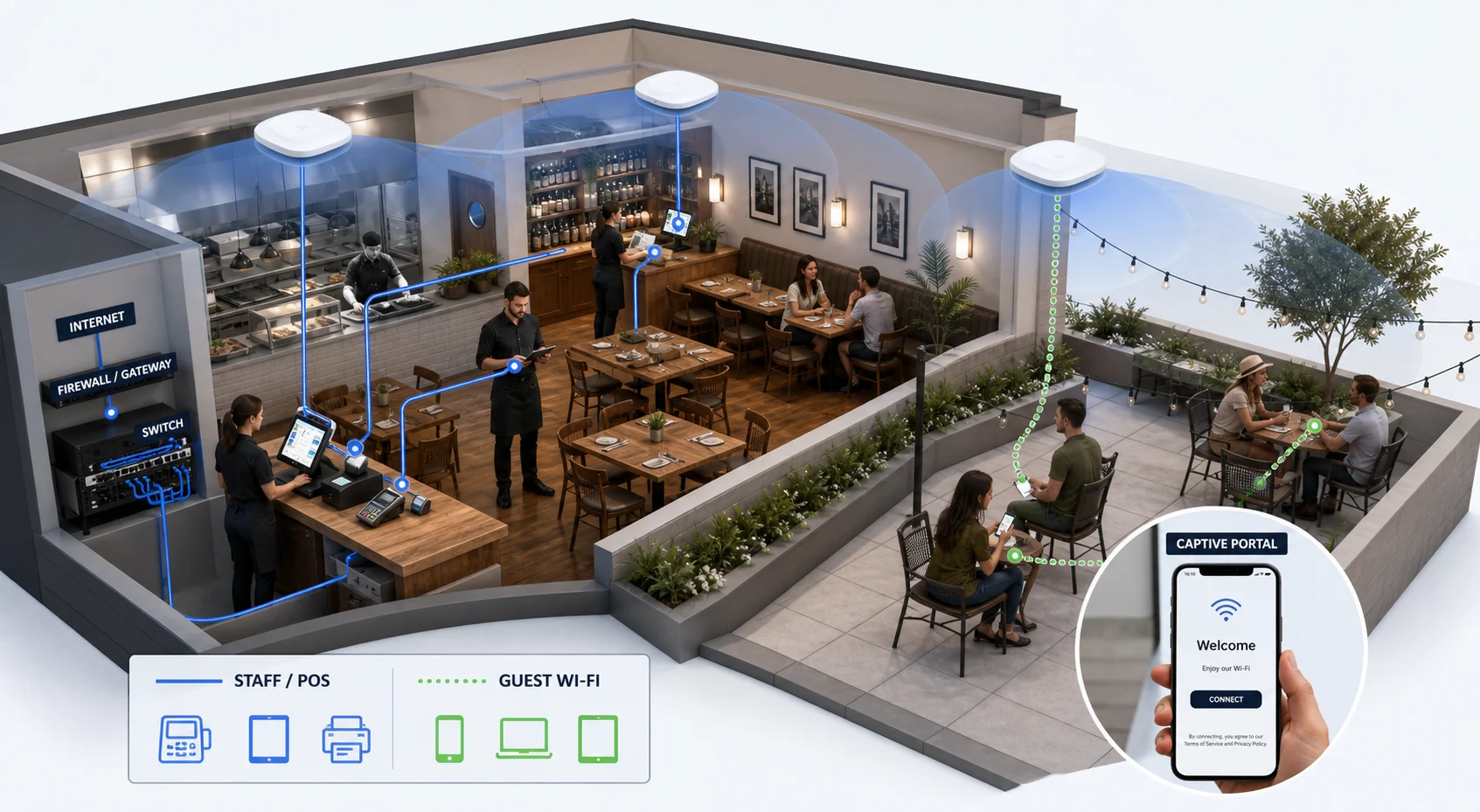 Restaurant network example with indoor and patio Wi-Fi coverage, a separated staff and point-of-sale network, guest Wi-Fi, and a captive portal