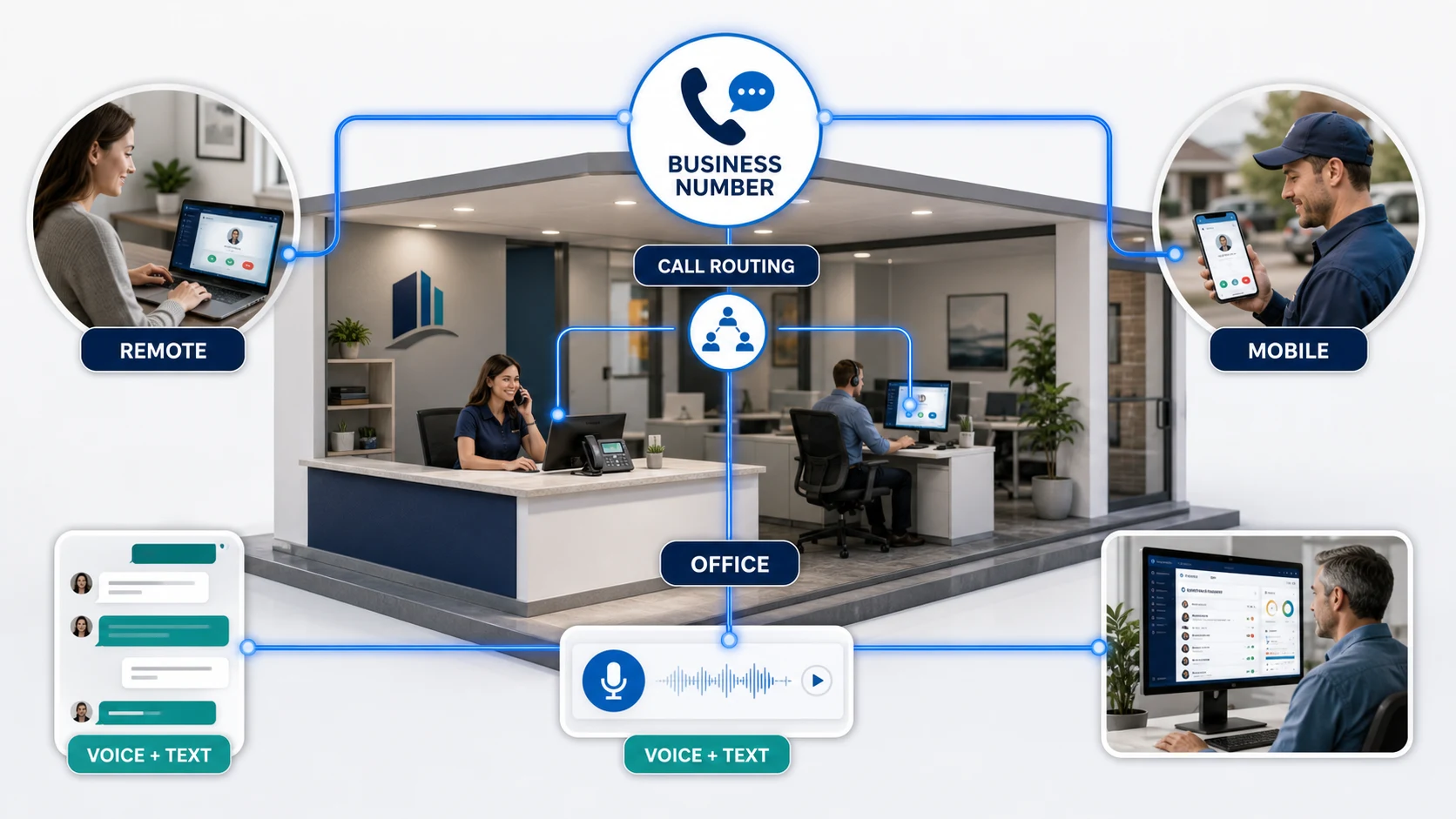 Unified communications example connecting one business number to an office, remote employee, mobile employee, voice calls, texting, routing, and voicemail